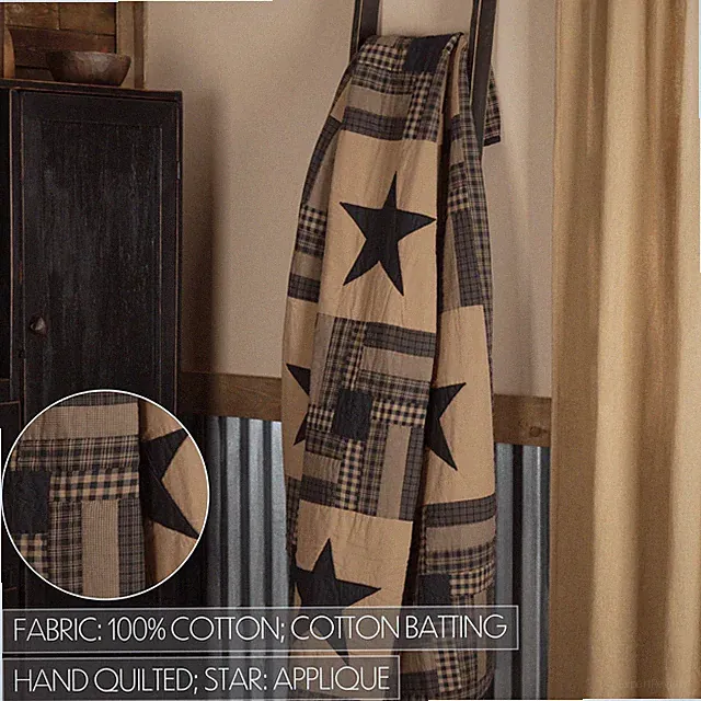 Black Check Star Quilted Throw 50x60 Patchwork Log Cabin Cotton VHC Black Tan