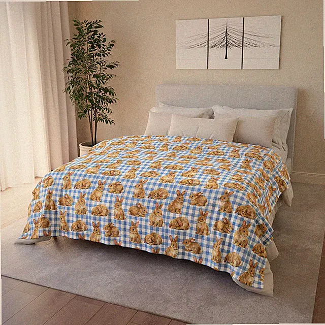 Blue White Gingham Bunny Fleece Blanket Soft Cozy
