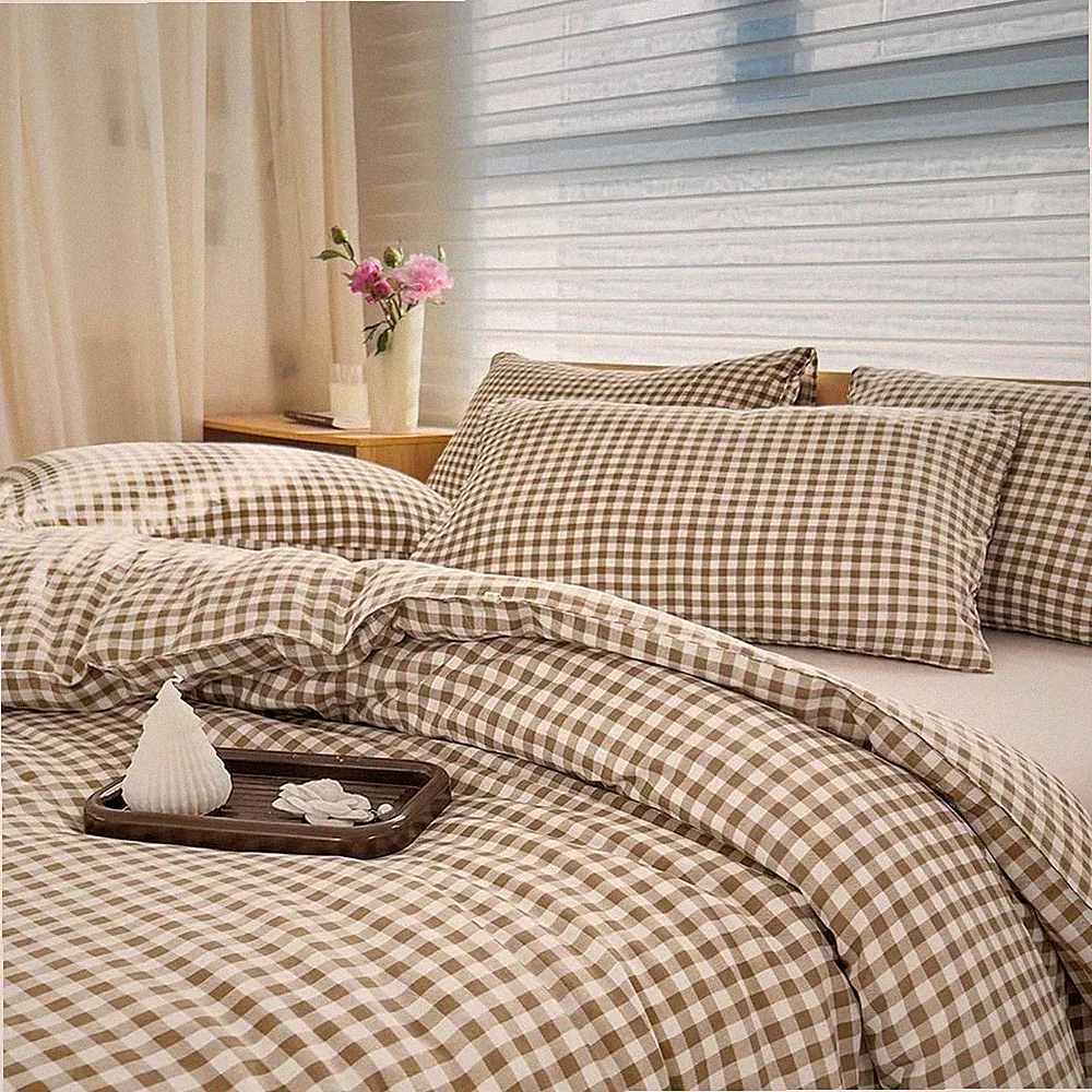 Comforter Set King Size, Tan Gingham Bedding Comforter Sets, Brown Grid Bed