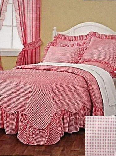 Country Chic Gingham Check Quilted Scallop Ruffled Bedspread Bed Cover - No Sham