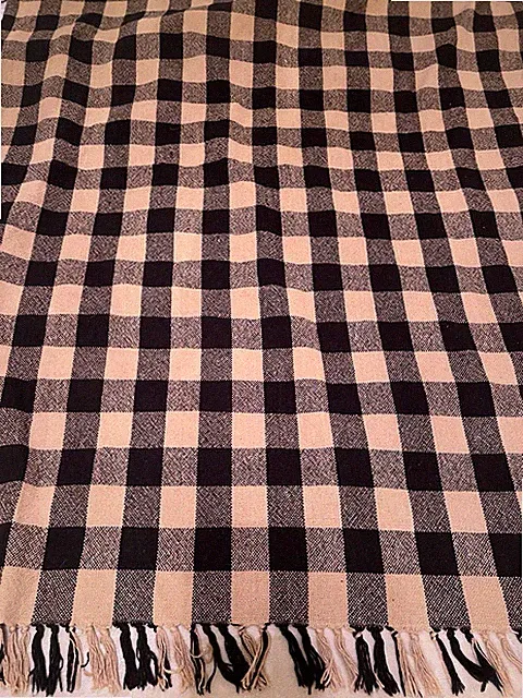 Country House Buffalo Check Throw Blanket Black Tan Fringe 45x60 Cotton