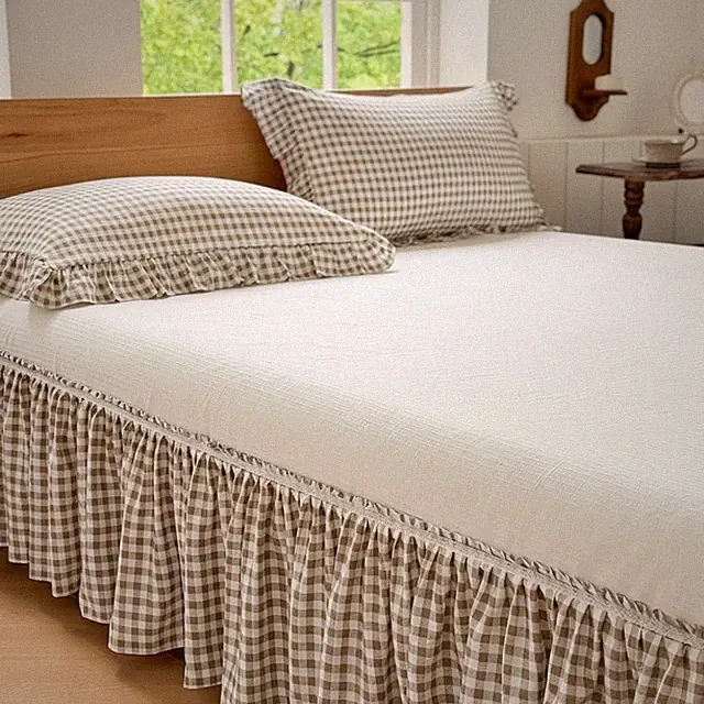 Cozy Farmhouse Tan Gingham Ruffled Bed Skirt for King Bed - Machine Washable