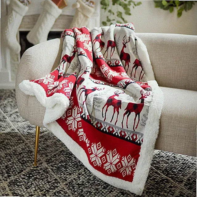 Cozy Prancer Red Sherpa Holiday Throw Blanket - 50x60 Inches of Warmth