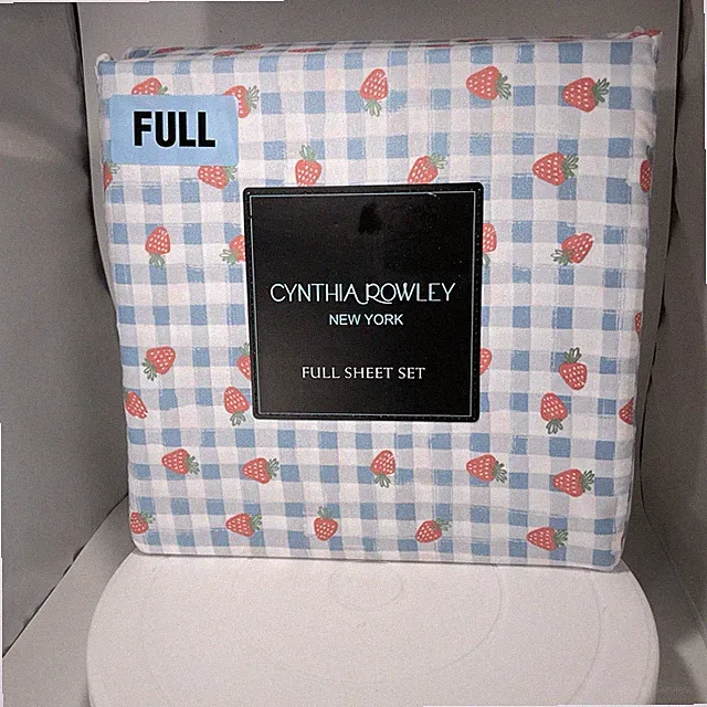 Cynthia Rowley Full Sheet Set Strawberry Gingham Blue Microfiber New