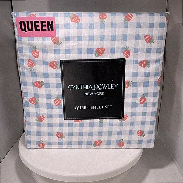 Cynthia Rowley Queen Sheet Set Strawberry Gingham Blue Microfiber New