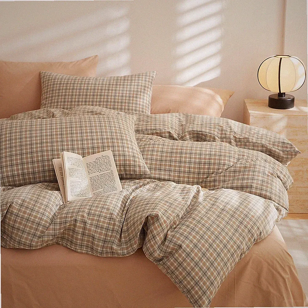 EAVD Retro Tan Gingham Duvet Cover Queen Khaki Brown Grid Plaid Bedding Set S...
