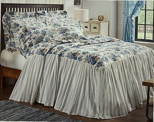 Exquisite Blue Floral Bed Spread Quilt Vintage-Style Farmhouse w/ Annie Gingham