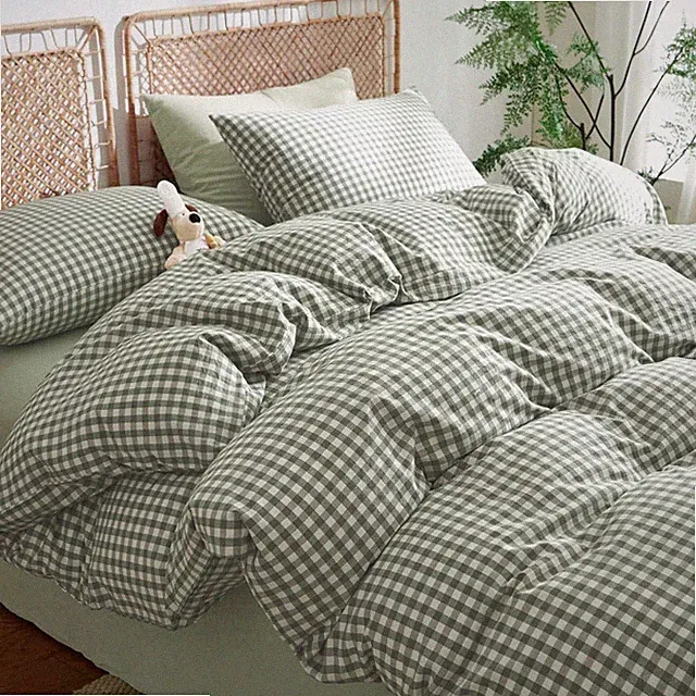 Gingham Duvet Cover Full Size 100% Washed Cotton Green Plaid Checkered Comforter