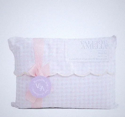 Gingham QUEEN Sheet Set scalloped edge Valerie & Amelia blush cotton sheets NEW