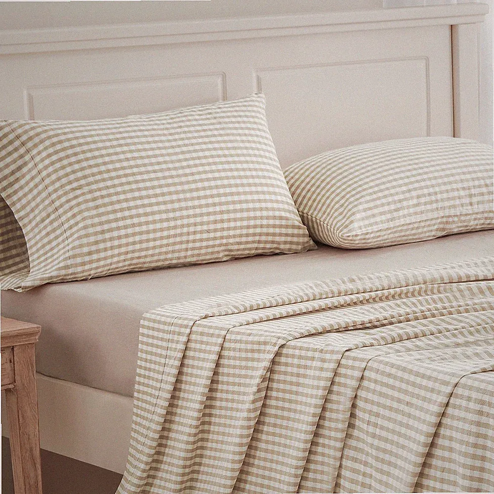 Gingham Sheets Set Washed Cotton 100% Fitted Flat Sheet Pillowcases TXL/T/Q/K