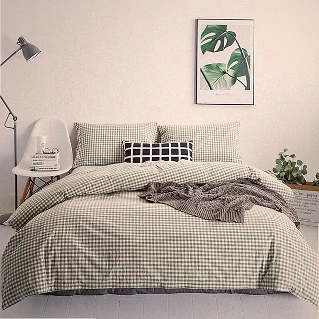 Green Gingham Duvet Cover Queen 100% Washed Cotton Plaid Duvet Cover Set 3 Piece