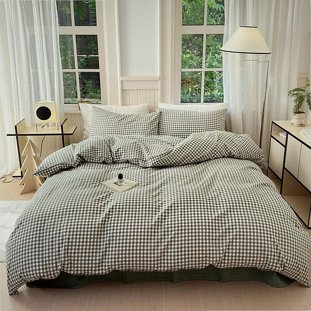 Green Gingham King Duvet Cover Set - 100% Cotton, Breathable & Easy Care