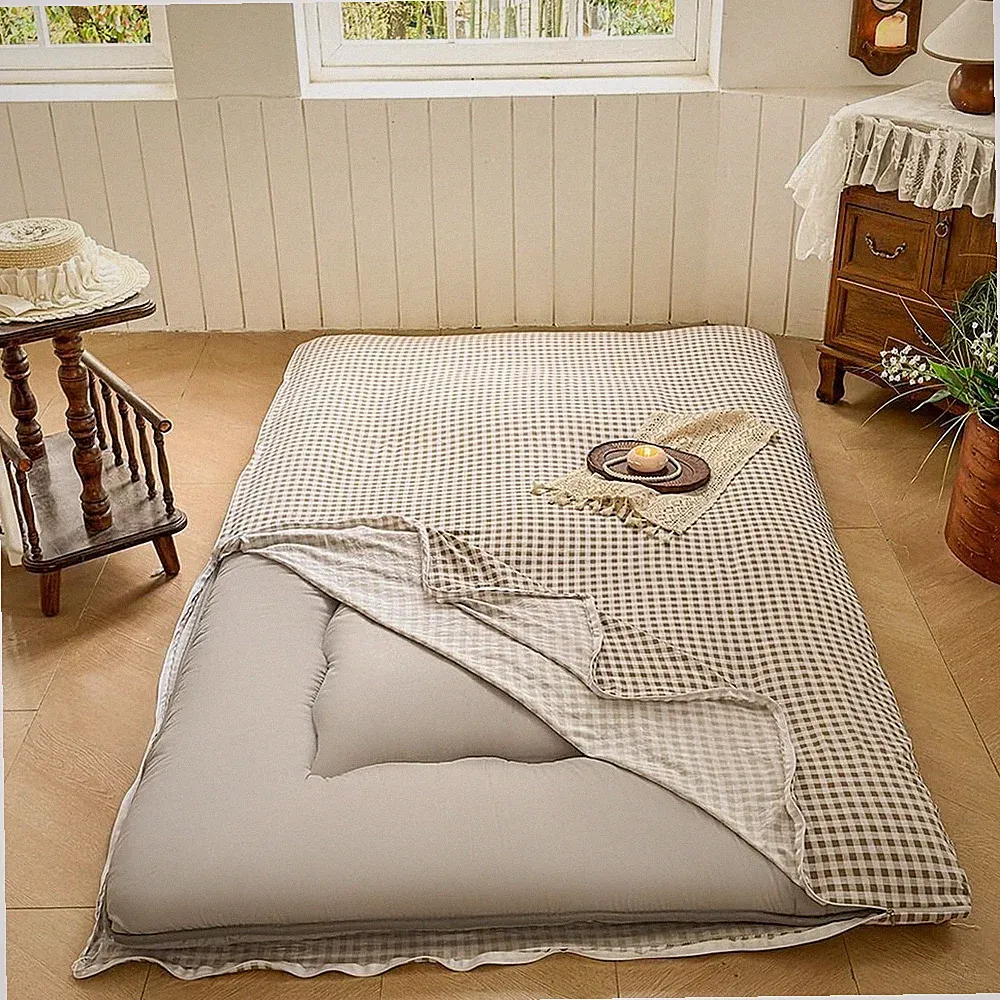 Japanese Floor Mattress Futon Cover for 3-4" Thick Pad, Taupe Twin Tan Gingham