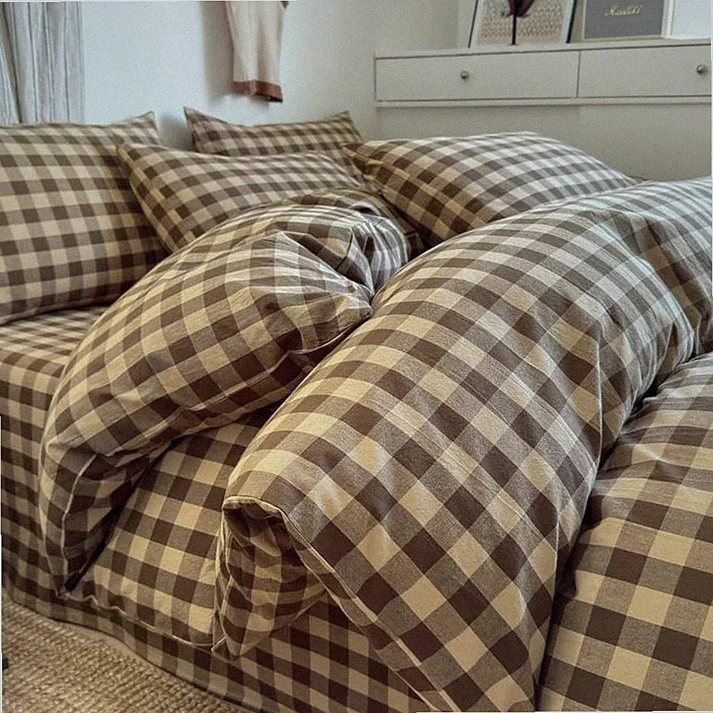 King Brown Gingham Duvet Cover Set - Soft 100% Cotton Plaid Bedding 3Pcs