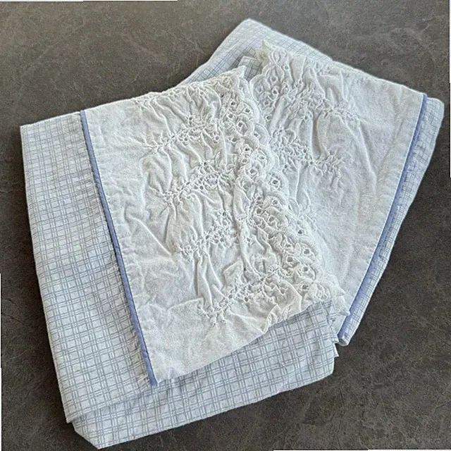Laura Ashley Standard Pillowcase Set of 2 Blue & White Checker Gingham w/ Lace
