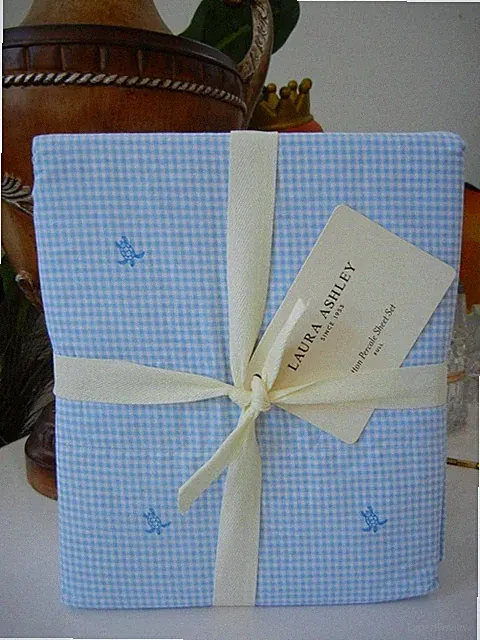 LAURA ASHLEY TURTLE GINGHAM BLUE SHABBY CHIC COTTON FULL 4 PC SHEET SET $120