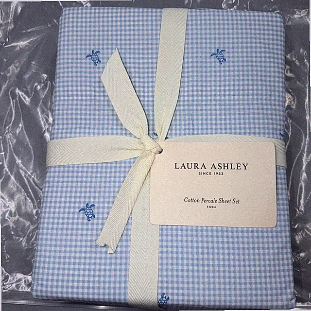 Laura Ashley Turtle Gingham Cotton Blue Sheet Set-Twin