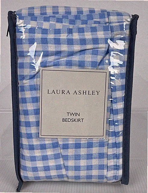 LAURA ASHLEY Twin Bedskirt Blue & White Gingham Cottage Core French Country NEW