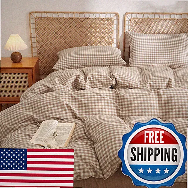 Nayoroom Gingham Duvet Cover Full Size 100% Washed Cotton Brown Tan Plaid Checke
