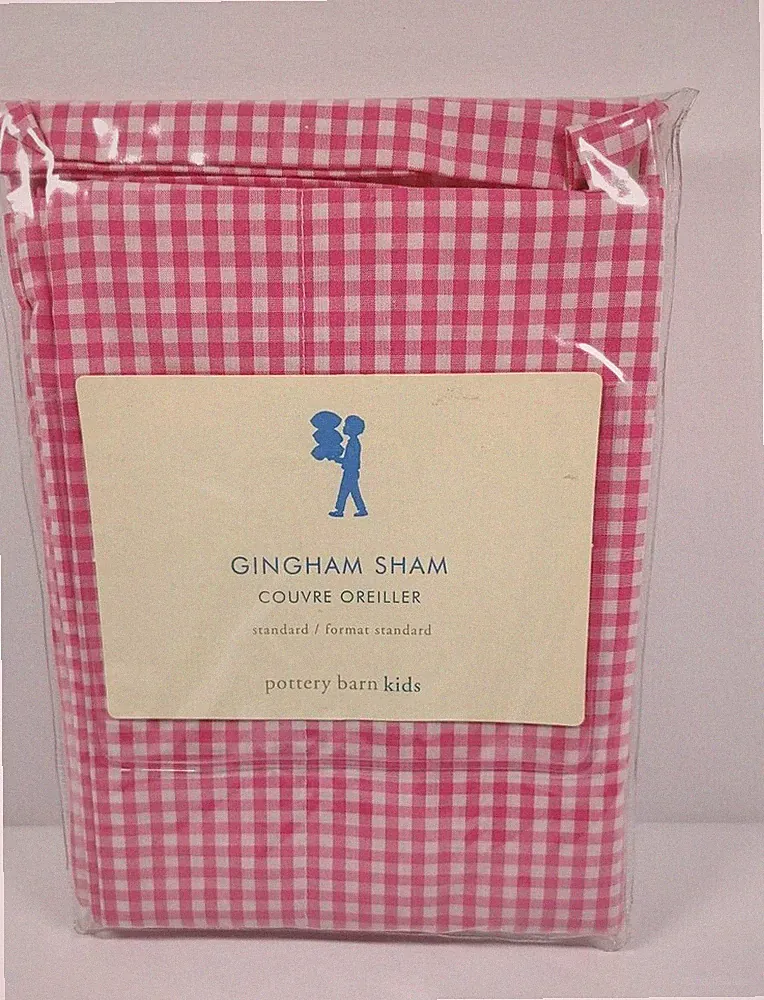 New Pottery Barn Kids Pink White Gingham Check Standard Pillow Sham 100% Cotton