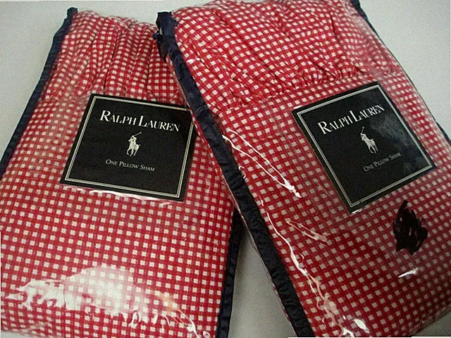 New Ralph Lauren Small Gingham Red White Ruffled 2 Euro Shams - Pair