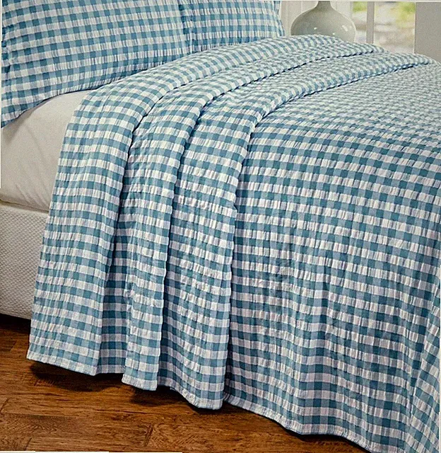 New Vermont Country Store Gingham Cotton Seersucker Coverlet Bedspread Full Blue
