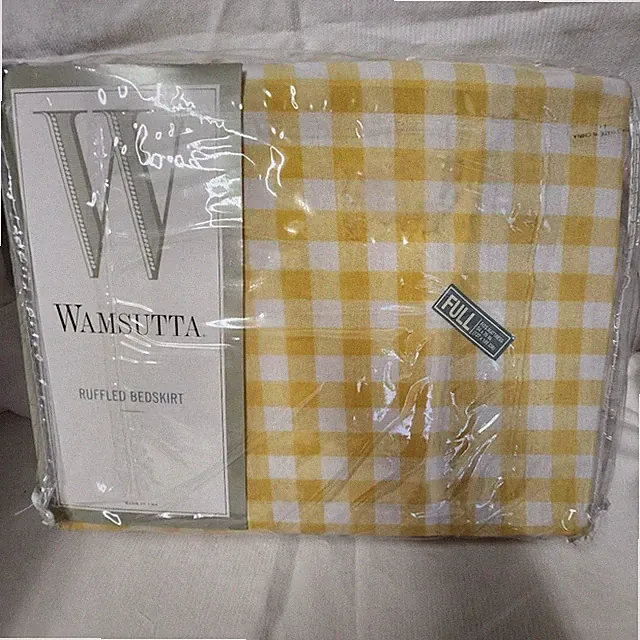 NOS Yellow Gingham Check Ruffled Bed Skirt Wamsutta Full 15" Drop Cottage USA