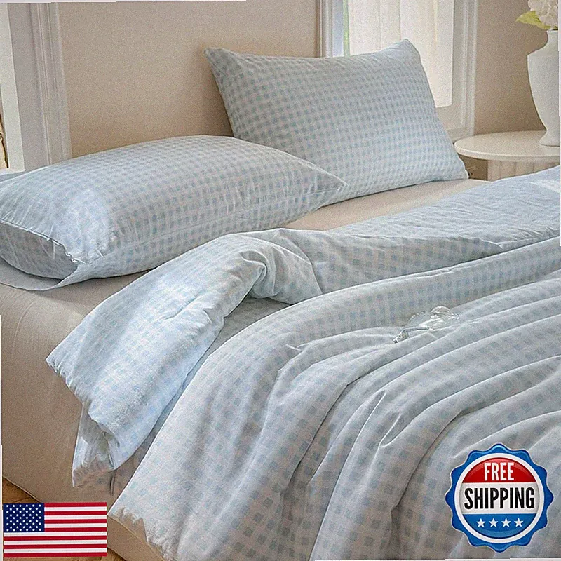 Nsnlgsgc Light Blue Gingham Cotton Comforter Set Queen 100 Washed Cotton Blue