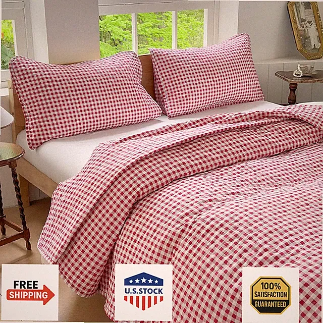 NSNLGSGC Red Gingham Twin Quilt Set, Soft Pre-Washed Microfiber Red Plaid Twin B