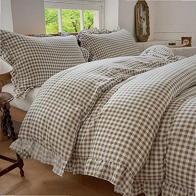 NSNSGC Tan Gingh Ruffle Duvet Cover Queen Size, 3 Pieces Taupe Soft