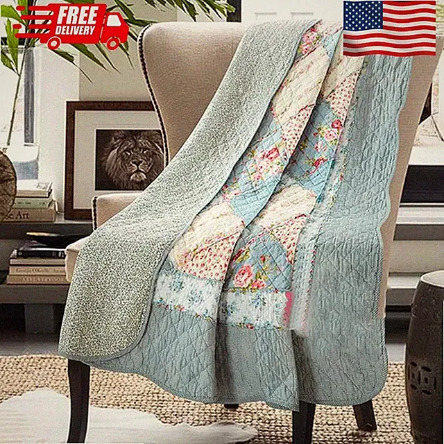 Original 100% Cotton Patchwork Quilt Twin Size Blue Floral Bedspread Coverlet