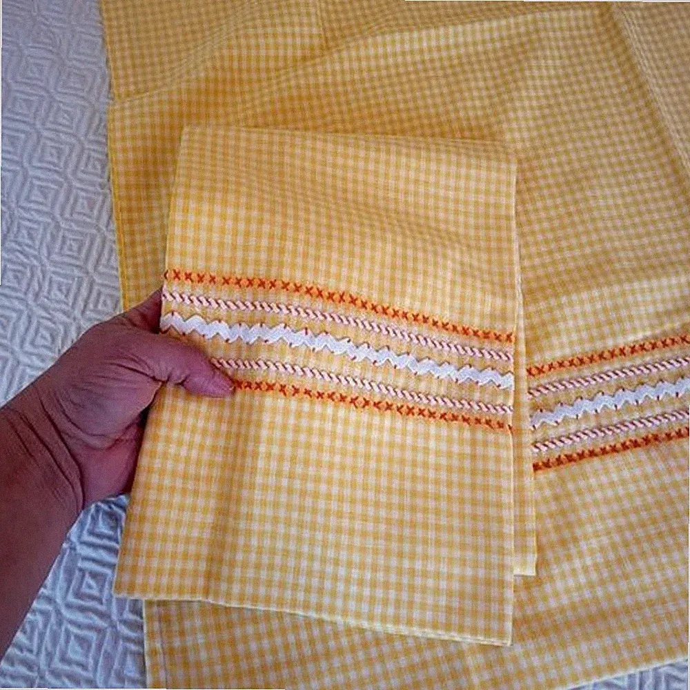 Pair 1950 Yellow Orange Gingham Bedding King Pillow Set
