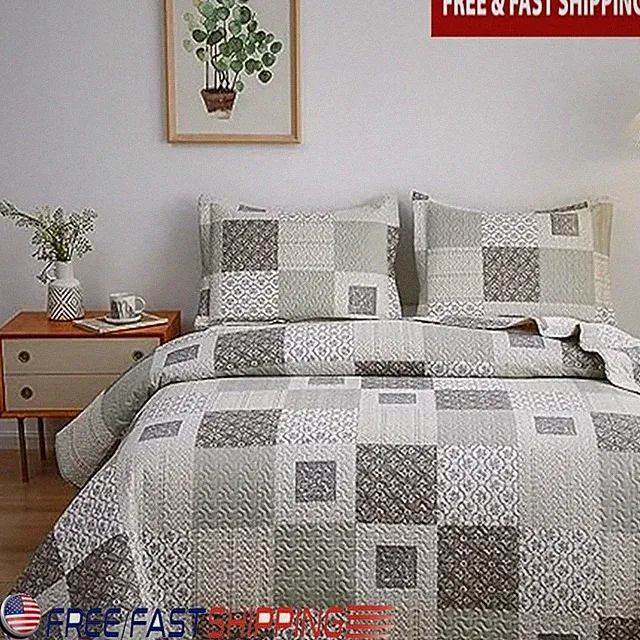 Patchwork Flower Quilt Soft Microfiber Easy Care Gingham Bedspread Home Decor US