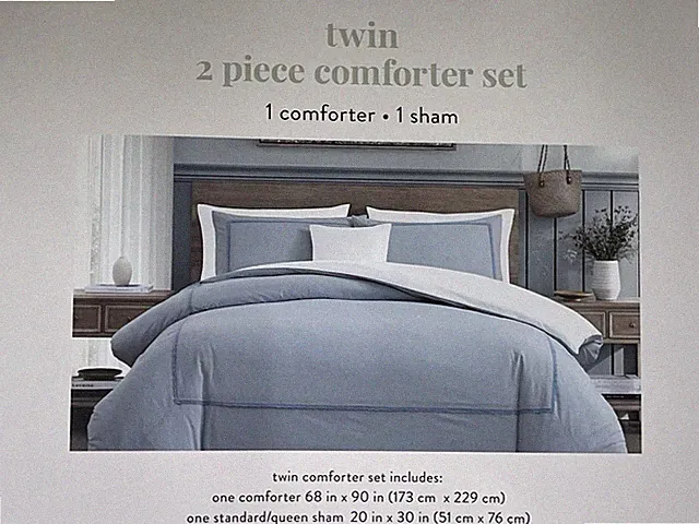 PERI HOME Blue Gingham Cotton TWIN Comforter SET 2pc