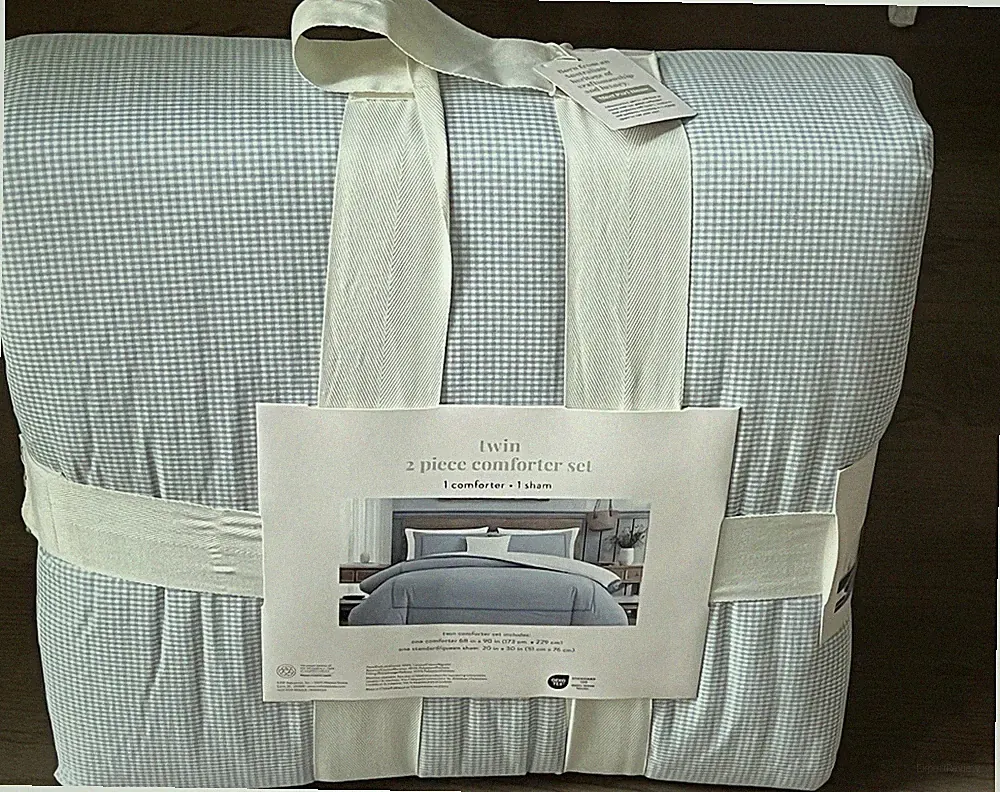 PERI HOME Blue & White Gingham Cotton TWIN Comforter SET 2pc