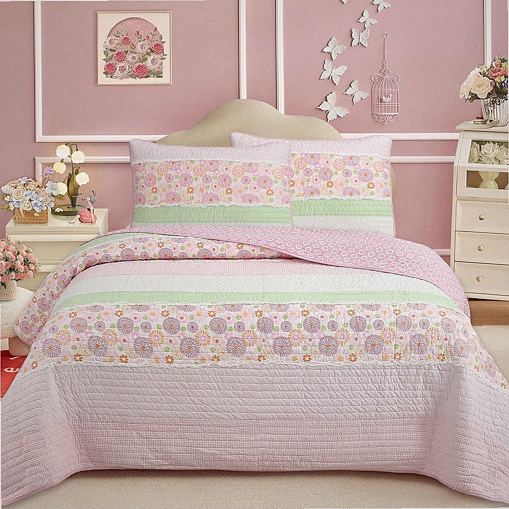 Pink Floral Whimsy Gingham Stripe Cotton Quilt Bedding Set