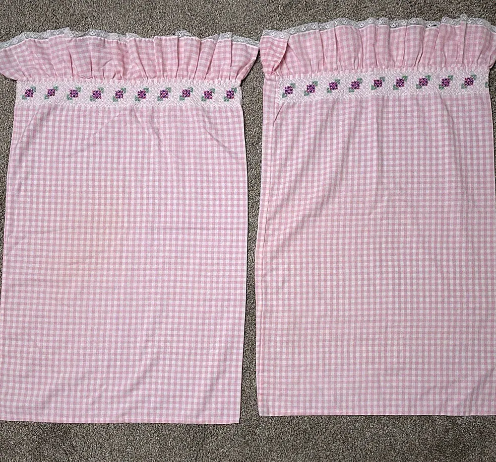 Pink Gingham Pillowcases Set of 2 Handmade Standard Ruffle Embroidered Bedding
