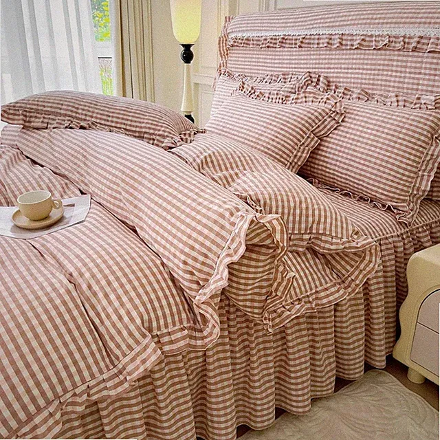 Pink Gingham Queen Comforter Set with Ruffle & 2 Pillowcases - Vintage Style