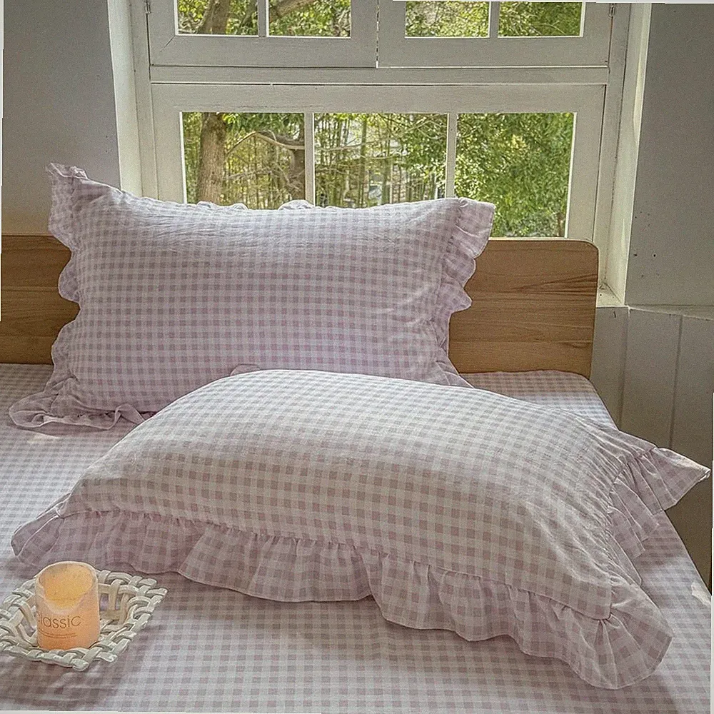 Pink Ruffled Plaid Gingham Standard Size Pillow Shams 20"x26", Set of 2 Blue...