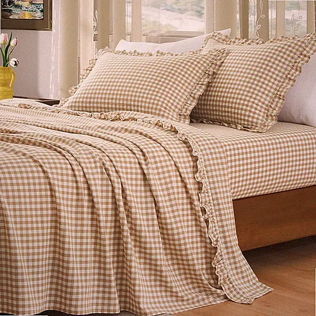 Plaid Ruffle Queen Bed Sheet Set - 4 Pieces Cotton Gingham, Taupe