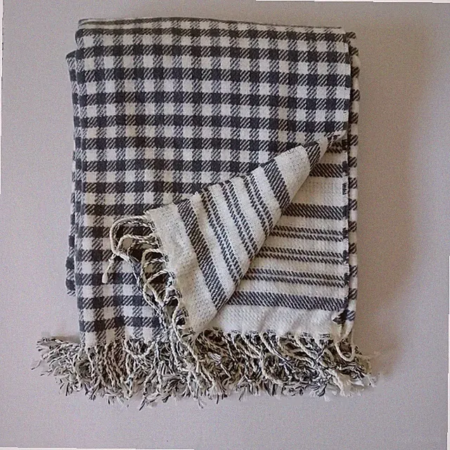Pottery Barn Gingham Stripe Reversible Throw Grey Ivory Marketing Sample
