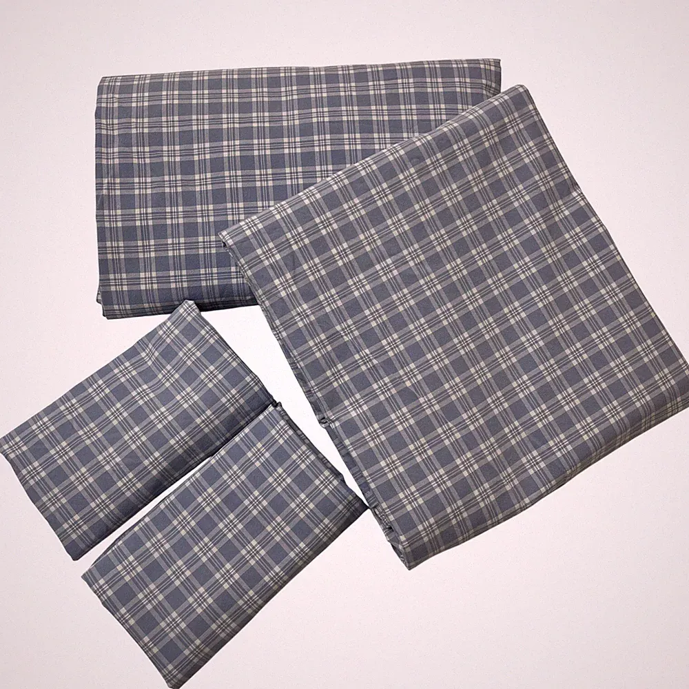 Pottery Barn Queen Sheet Set Blue Gingham Plaid Cotton Flat Fitted 2 Pillowcases