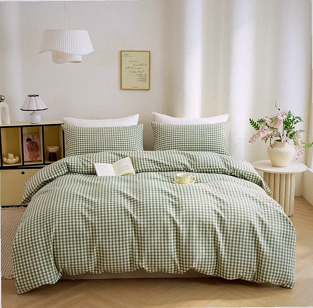 Queen 100% Washed Cotton Green Gingham Plaid Duvet Cover Set 3 Piece - NEW