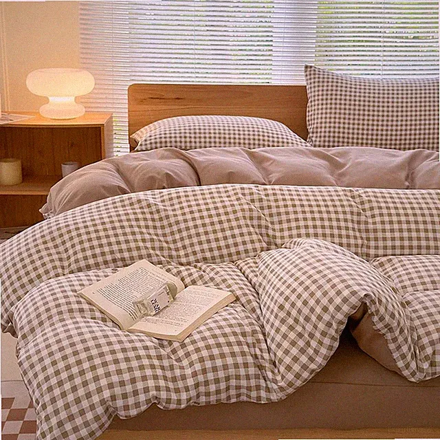 Queen Bedding Set 3 Piece, Gingham Plaid Duvet Cover Soft, Brown