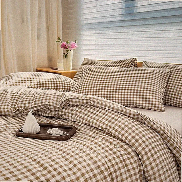 Queen Comforter Set, Tan Gingham Bedding Comforter Sets, Brown Grid Bed Comforte