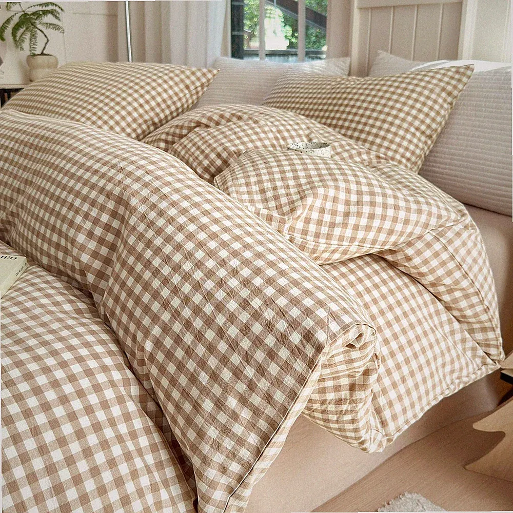 Queen Comforter Set Tan Gingham Comforter Modern Style Beige Plaid Comforter...