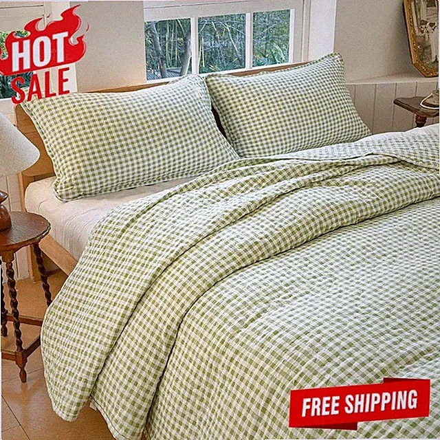 Queen Full Quilt Set Lightweight Gingham Bedspread W/ Pillow Shams Cozy Bedding