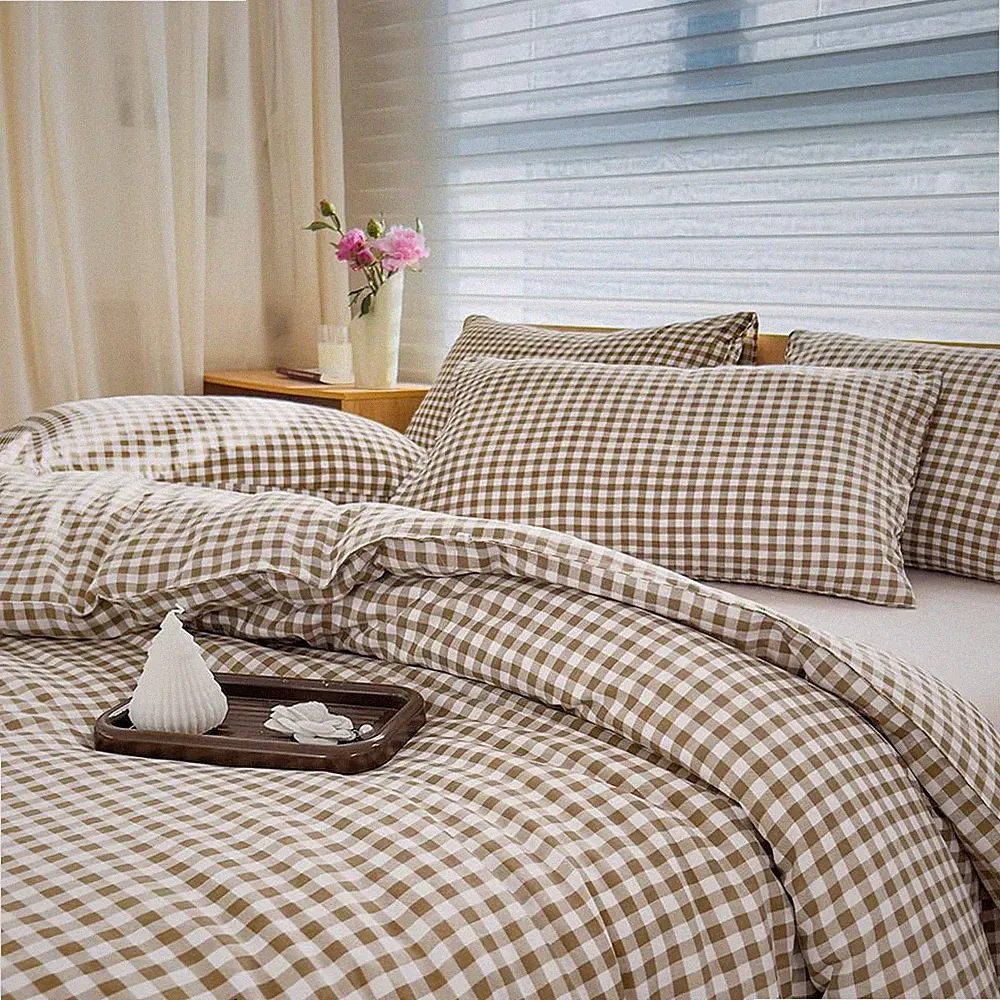 Queen Gingham Comforter Set 3 Piece Tan Brown Grid Bedding Plaid Bed Set