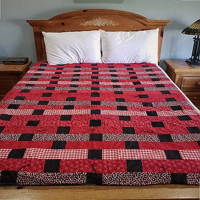 Quilt Throw Blanket Hand Tied Patchwork Red Black Cotton Plaid Gingham Farmhouse