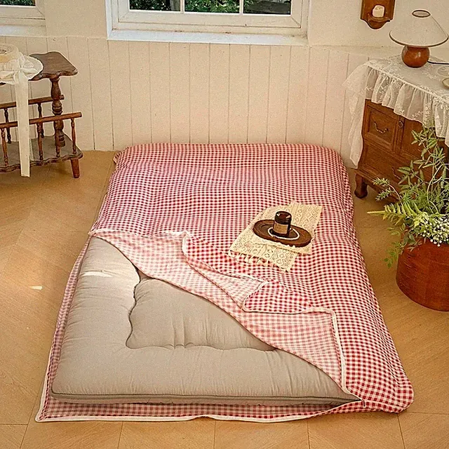 Red Gingham Japanese Floor Mattress Futon Cover Queen for 3-4" Thick Pad, Che...